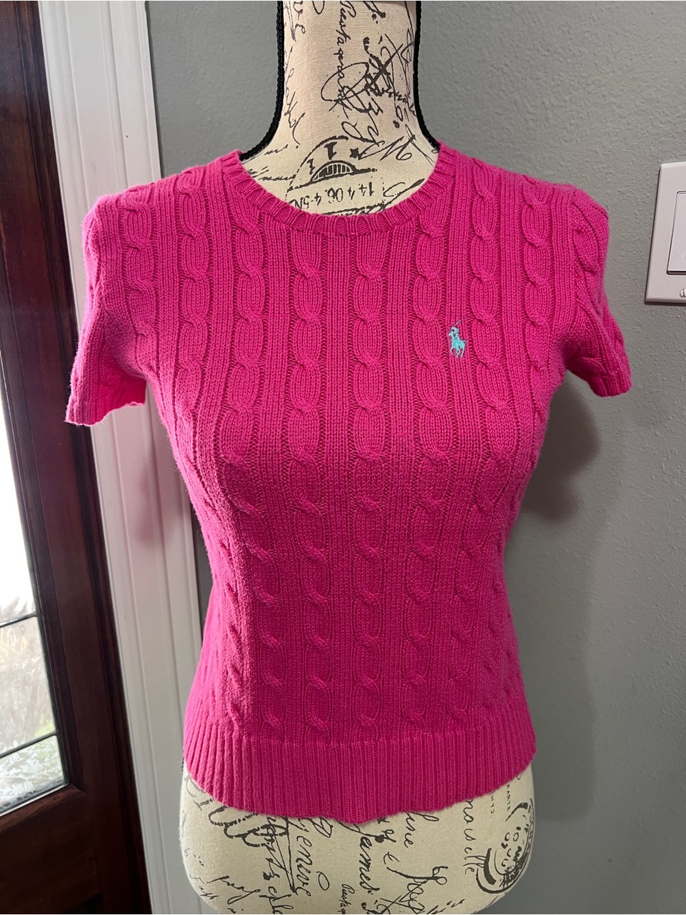 Vintage Ralph Lauren Sport Hot Pink Cable-Knit Short Sleeve Sweater